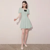 Fashion Sage Green Homecoming Short Graduation Dresses 2021 A-Line / Princess Square Neckline Rhinestone Bow Short Sleeve Formal Dresses