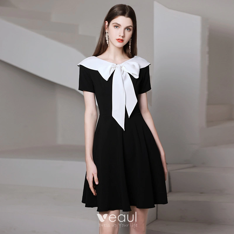 Fashion Black Homecoming Short Graduation Dresses Little Black Dress 2021 A Line Princess V Neck Bow Short Sleeve Formal Dresses