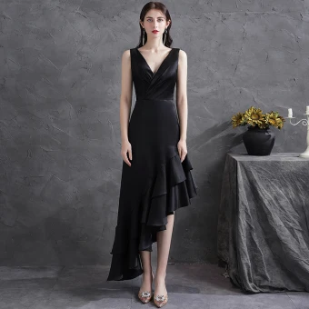 Modern Fashion Black Ruffle Satin Party Dresses 2021 A Line Princess V Neck Sleeveless Backless Asymmetrical Formal Dresses