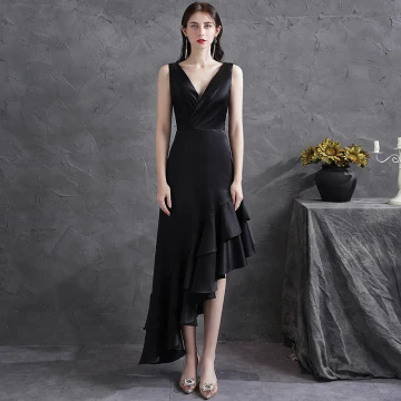 Modern Fashion Black Ruffle Satin Party Dresses 2021 A Line Princess V Neck Sleeveless Backless Asymmetrical Formal Dresses