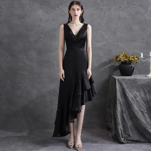 Modern Fashion Black Ruffle Satin Party Dresses 2021 A Line Princess V Neck Sleeveless Backless Asymmetrical Formal Dresses