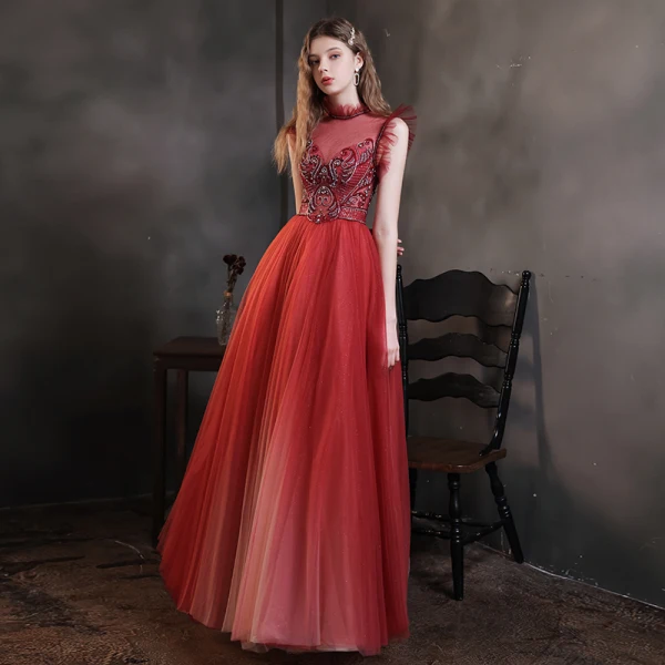 High-end Burgundy Prom Dresses 2021 A-Line / Princess High Neck Handmade Beading Crystal Rhinestone Sleeveless Floor-Length / Long Prom Formal Dresses