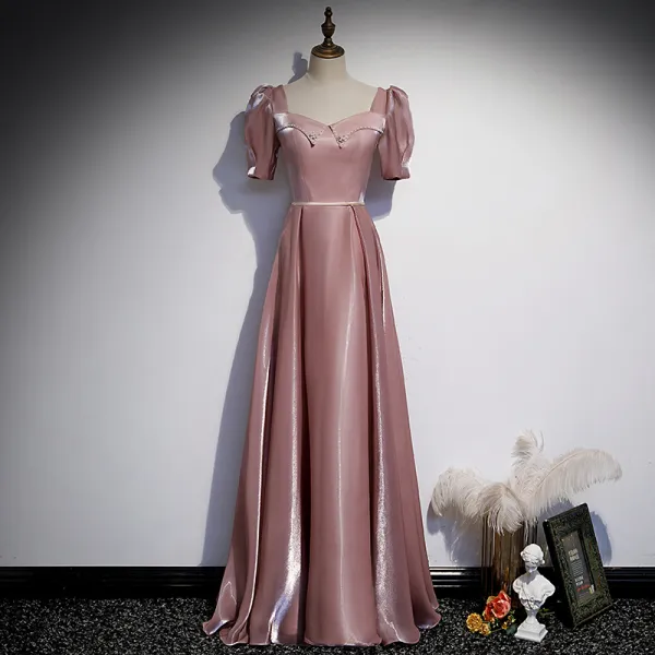 Elegant Dusky Pink Satin Prom Dresses 2021 A-Line / Princess Square Neckline Pearl Sash Short Sleeve Backless Floor-Length / Long Prom Formal Dresses