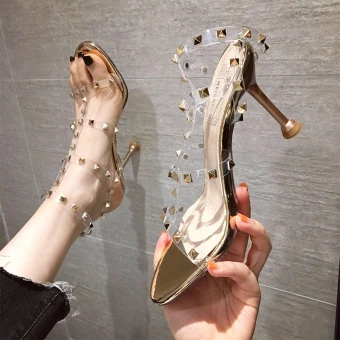 Sexy Gold Cocktail Party Evening Party Womens Sandals 2021 Rivet T Strap 9 Cm Stiletto Heels Open Peep Toe Sandals High Heels
