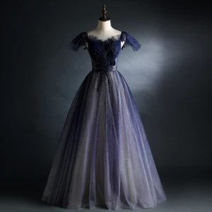 Vintage Retro Navy Blue Glitter Prom Dresses 2021 A Line Princess Square Neckline Beading Crystal Short Sleeve Backless Floor Length Long Prom Formal Dresses