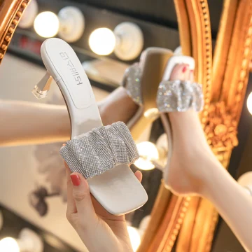 Sexy Beige Rhinestone Casual Womens Sandals 2021 Open Peep Toe 6 Cm Stiletto Heels Sandals High Heels