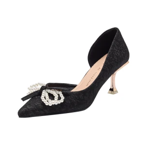 Mode Noire Soirée Promo Perle Noeud Chaussures Femmes 2021 6 Cm Talons Aiguilles À Bout Pointu Talons Hauts