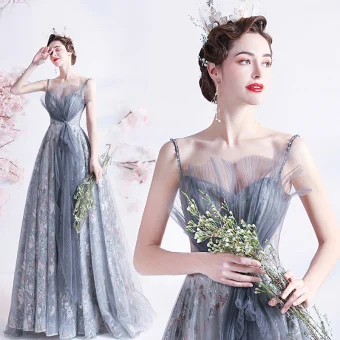 Mode Gris Perle Faux Diamant Paillettes Robe De Bal 2021 Princesse Volants Bretelles Spaghetti Sans Manches Dos Nu Longue Promo Robe De Ceremonie