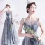 Fashion Grey Pearl Rhinestone Sequins Prom Dresses 2021 A-Line / Princess Ruffle Spaghetti Straps Sleeveless Backless Floor-Length / Long Prom Formal Dresses