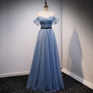 Chic Belle Bleu Ciel Glitter Robe De Bal 2021 Princesse De L 039 Épaule Perle Ceinture Manches Courtes Dos Nu Longue Promo Robe De Ceremonie