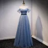 Chic / Beautiful Sky Blue Glitter Prom Dresses 2021 A-Line / Princess Off-The-Shoulder Pearl Sash Short Sleeve Backless Floor-Length / Long Prom Formal Dresses