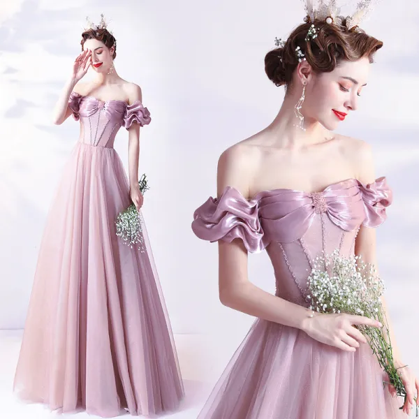 Élégant Rose Sombre Robe De Bal 2021 Princesse De l&#039;épaule Glitter Perlage Cristal Manches Courtes Dos Nu Longue Promo Robe De Ceremonie