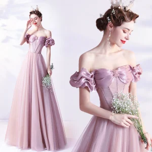 Élégant Rose Sombre Robe De Bal 2021 Princesse De L 039 Épaule Glitter Perlage Cristal Manches Courtes Dos Nu Longue Promo Robe De Ceremonie