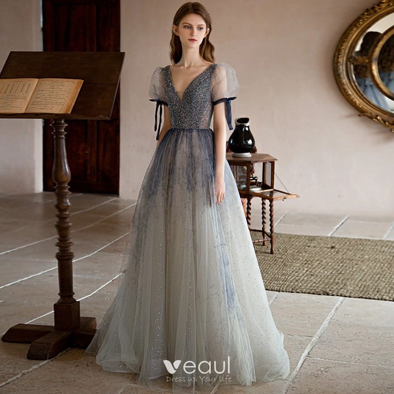 Rhinestones Gray Tulle V Neck Backless Prom Dress