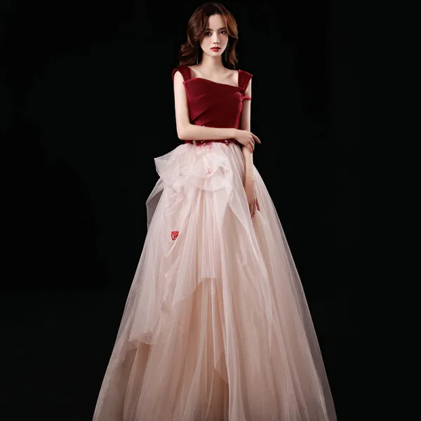A Line Burgundy Ruffles Appliques Prom Dress A Line Burgundy Ruffles Appliques Prom Dress