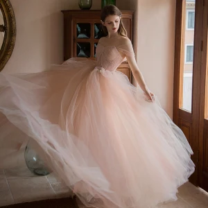 Chic Belle Rougissant Rose Perle Robe De Bal 2021 Princesse De L 039 Épaule Manches Courtes Dos Nu Longue Promo Robe De Ceremonie