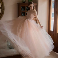 Hermoso Rosa Clara Perla Vestidos de gala 2021 A-Line / Princess Fuera Del Hombro Manga Corta Sin Espalda Largos Gala Vestidos Formales