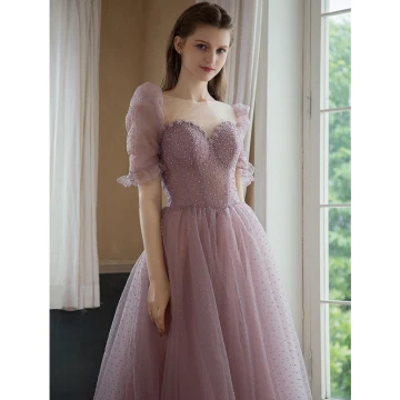 Chic Beautiful Dusky Pink Rhinestone Sequins Prom Dresses 2021 A Line Princess Scoop Neck Puffy Short Sleeve Backless Floor Length Long Prom Formal Dresses