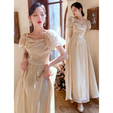 Chic Beautiful Champagne Bow Bridesmaid Dresses 2021 A Line Princess Square Neckline Bell Sleeves Floor Length Long Prom Wedding Party Dresses