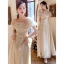 Chic / Beautiful Champagne Bow Bridesmaid Dresses 2021 A-Line / Princess Square Neckline Bell sleeves Floor-Length / Long Prom Wedding Party Dresses