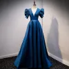 Vintage / Retro Royal Blue Satin Prom Dresses 2021 A-Line / Princess V-Neck Bell sleeves Backless Floor-Length / Long Prom Formal Dresses