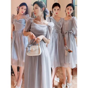 Modest Simple Grey Bridesmaid Dresses 2021 A Line Princess Short Sleeve Bow Backless Tea Length Bridesmaid Wedding Party Dresses