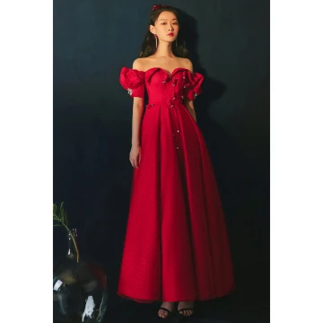 Chic Belle Rouge Robe De Bal 2021 Princesse De L 039 Épaule Perlage Perle Manches Courtes Dos Nu Longue Promo Robe De Ceremonie