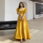 Vintage / Retro Yellow Prom Dresses 2021 A-Line / Princess V-Neck Puffy Short Sleeve Backless Bow Floor-Length / Long Prom Formal Dresses