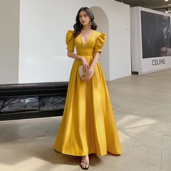 Vintage Originale Jaune Robe De Bal 2021 Princesse V Cou Gonflée Manches Courtes Dos Nu Noeud Longue Promo Robe De Ceremonie