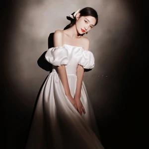 Modest Simple Ivory Satin Homecoming Graduation Dresses 2021 A Line Princess Square Neckline Short Sleeve Backless Tea Length Formal Dresses