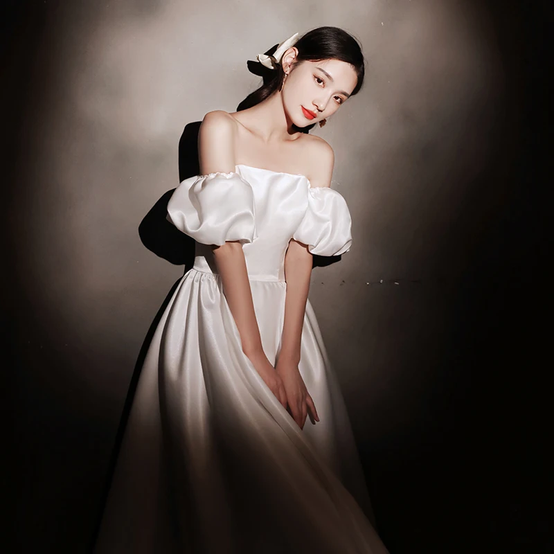 Modest Simple Ivory Satin Homecoming Graduation Dresses 2021 A Line  Princess Square Neckline Short Sleeve Backless Tea Length Formal Dresses