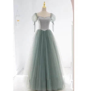 Vintage Originale Vert Cendré Robe De Bal 2021 Princesse Encolure Carrée Faux Diamant Gonflée Manches Courtes Longue Promo Robe De Ceremonie