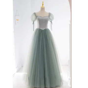 Vintage Retro Sage Green Prom Dresses 2021 A Line Princess Square Neckline Rhinestone Puffy Short Sleeve Floor Length Long Prom Formal Dresses