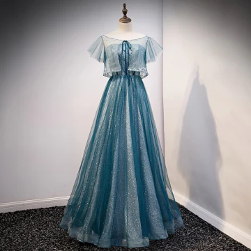 Charming Pool Blue Glitter Prom Dresses 2021 A Line Princess Scoop Neck Beading Sequins Short Sleeve Floor Length Long Prom Formal Dresses