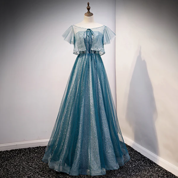 Charming Pool Blue Glitter Prom Dresses 2021 A-Line Princess Scoop Neck Beading Sequins Charming Pool Blue Glitter Prom Dresses 2021 A-Line Princess Scoop Neck Beading Sequins