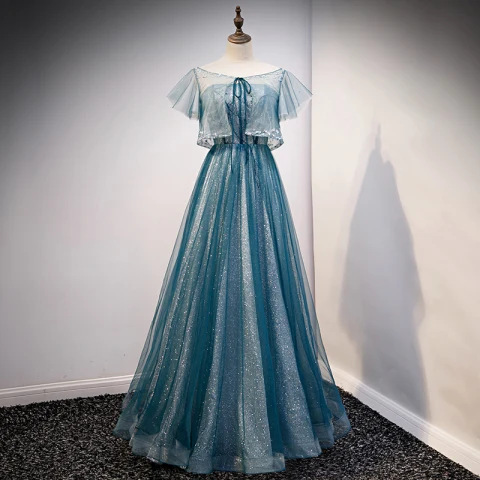 Charmant Bleu Glitter Robe De Bal 2021 Princesse Encolure Dégagée Perlage Paillettes Manches Courtes Longue Promo Robe De Ceremonie