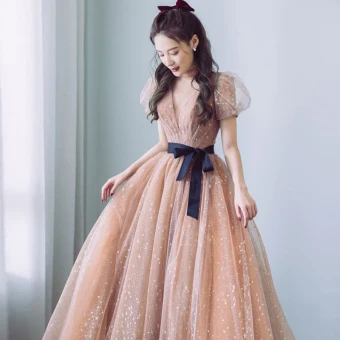 Fashion Champagne Prom Dresses 2021 A Line Princess High Neck Star Lace Puffy Short Sleeve Bow Floor Length Long Prom Formal Dresses