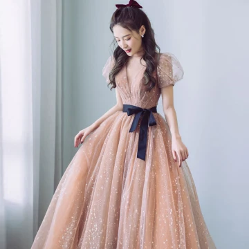 Fashion Champagne Prom Dresses 2021 A Line Princess High Neck Star Lace Puffy Short Sleeve Bow Floor Length Long Prom Formal Dresses