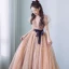 Fashion Champagne Prom Dresses 2021 A-Line / Princess High Neck Star Lace Puffy Short Sleeve Bow Floor-Length / Long Prom Formal Dresses