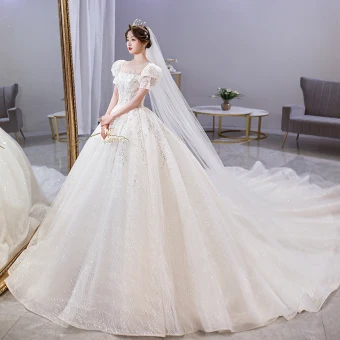 Vintage Originale Ivoire Perlage Paillettes En Dentelle Fleur Robe De Mariée 2021 Robe Boule Encolure Dégagée Manches Courtes Dos Nu Royal Train Mariage