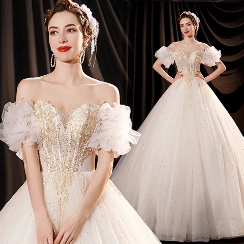 Affordable Charming Ivory Beading Pearl Sequins Wedding Dresses 2021 Ball Gown Off-The-Shoulder Ruffle Short Sleeve Backless Chapel Train Wedding