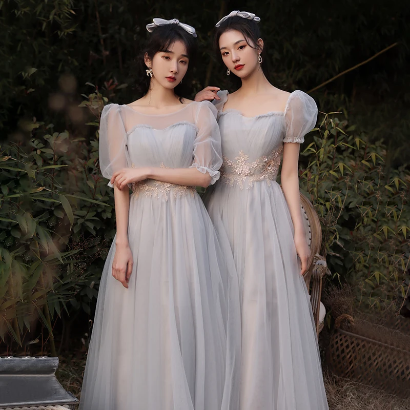 Chic Beautiful Grey Bridesmaid Dresses 2021 A Line Princess Scoop Neck Lace  Flower 1 2 Sleeves Backless Floor Length Long Bridesmaid Wedding Party  Dresses
