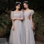 Chic / Beautiful Grey Bridesmaid Dresses 2021 A-Line / Princess Scoop Neck Lace Flower 1/2 Sleeves Backless Floor-Length / Long Bridesmaid Wedding Party Dresses