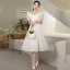 Vintage Ivory / Creme Satin Brautkleider / Hochzeitskleider 2021 A Linie Eckiger Ausschnitt Geschwollenes Kurze Ärmel Rückenfreies Wadenlang Hochzeit