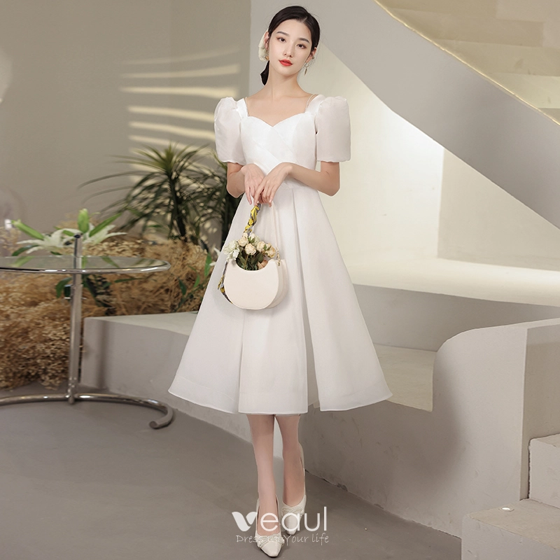 Square A Line Tea Length Ivory Satin Wedding Dress Square A Line Tea Length Ivory Satin Wedding Dress