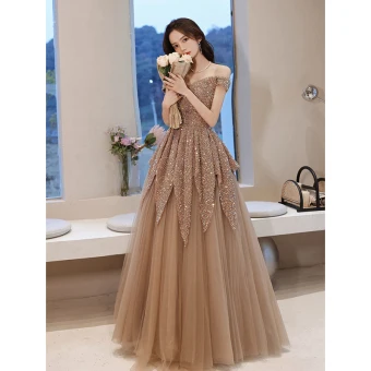 Scintillantes Champagne Perlage Paillettes Robe De Bal 2021 Princesse De L 039 Épaule Manches Courtes Dos Nu Longue Robe De Ceremonie