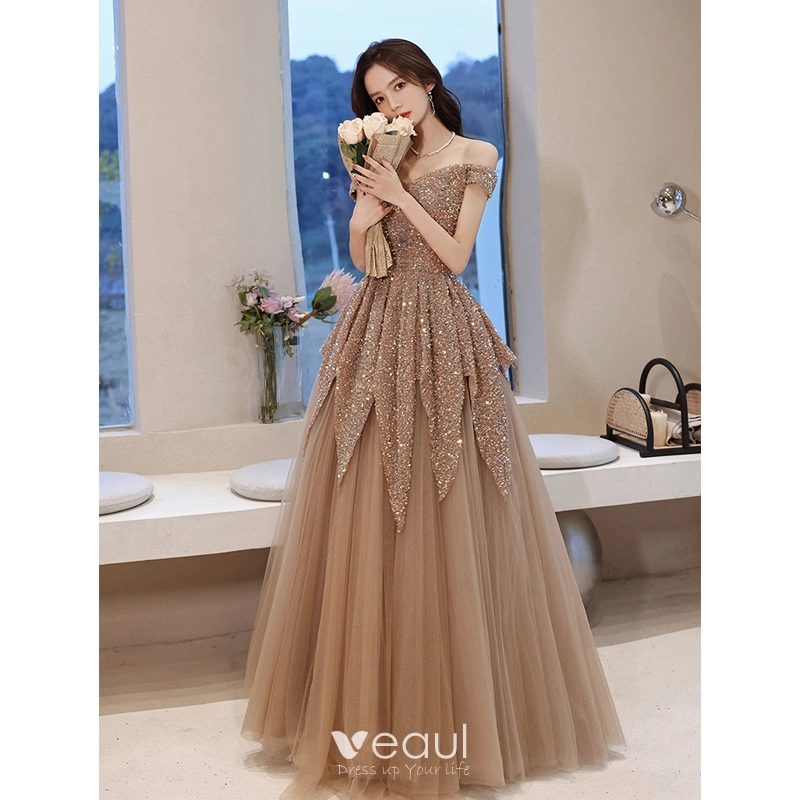 Sparkly Champagne Beading Sequins Prom Dresses 2021 A Line Princess Off The Shoulder Short Sleeve Backless Floor Length Long Formal Dresses