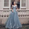 Chic / Beautiful Sky Blue Cascading Ruffles Prom Dresses 2021 A-Line / Princess Spaghetti Straps Beading Lace Flower Sleeveless Backless Floor-Length / Long Prom Formal Dresses