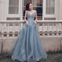 Hermoso Azul Cielo Volantes En Cascada Vestidos de gala 2021 A-Line / Princess Spaghetti Straps Rebordear Con Encaje Flor Sin Mangas Sin Espalda Largos Gala Vestidos Formales