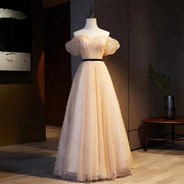 Chic / Beautiful Champagne Prom Dresses 2021 A-Line / Princess Off-The-Shoulder Sash Sequins Pearl Short Sleeve Backless Floor-Length / Long Prom Formal Dresses